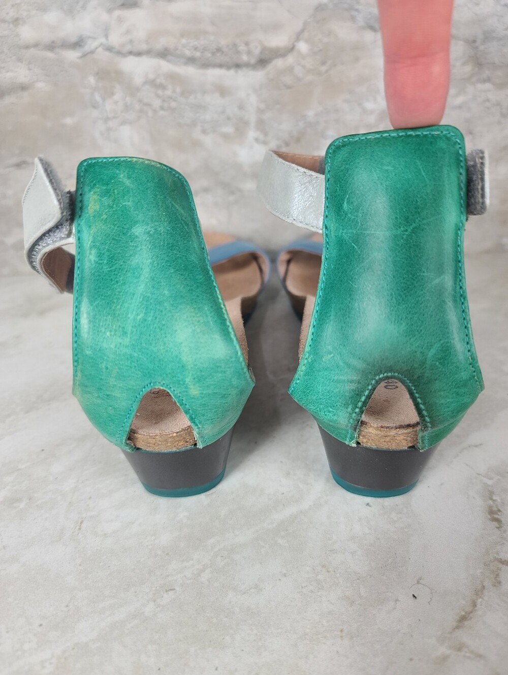 Naot PIXIE Blue Green Silver Pewter Colorblock Leather Wedge Sandals 9 - Picture 7 of 14